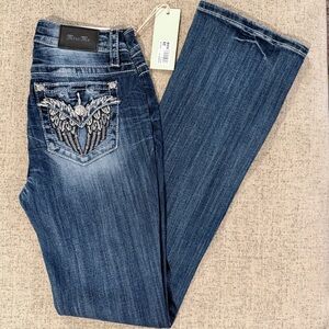 Miss Me Women's Blue Boot Cut Jeans with Embroidered Pockets